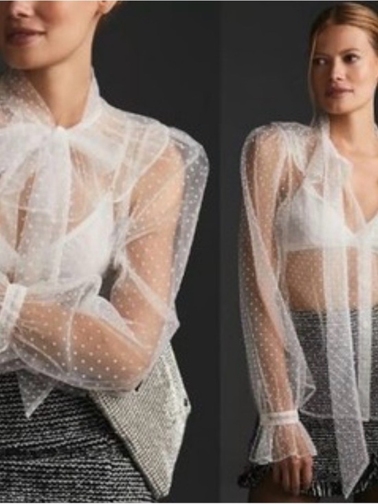 dolan Tops - Antrhopologie White dolan Sheer White Swiss Dot Tie-Neck Blouse